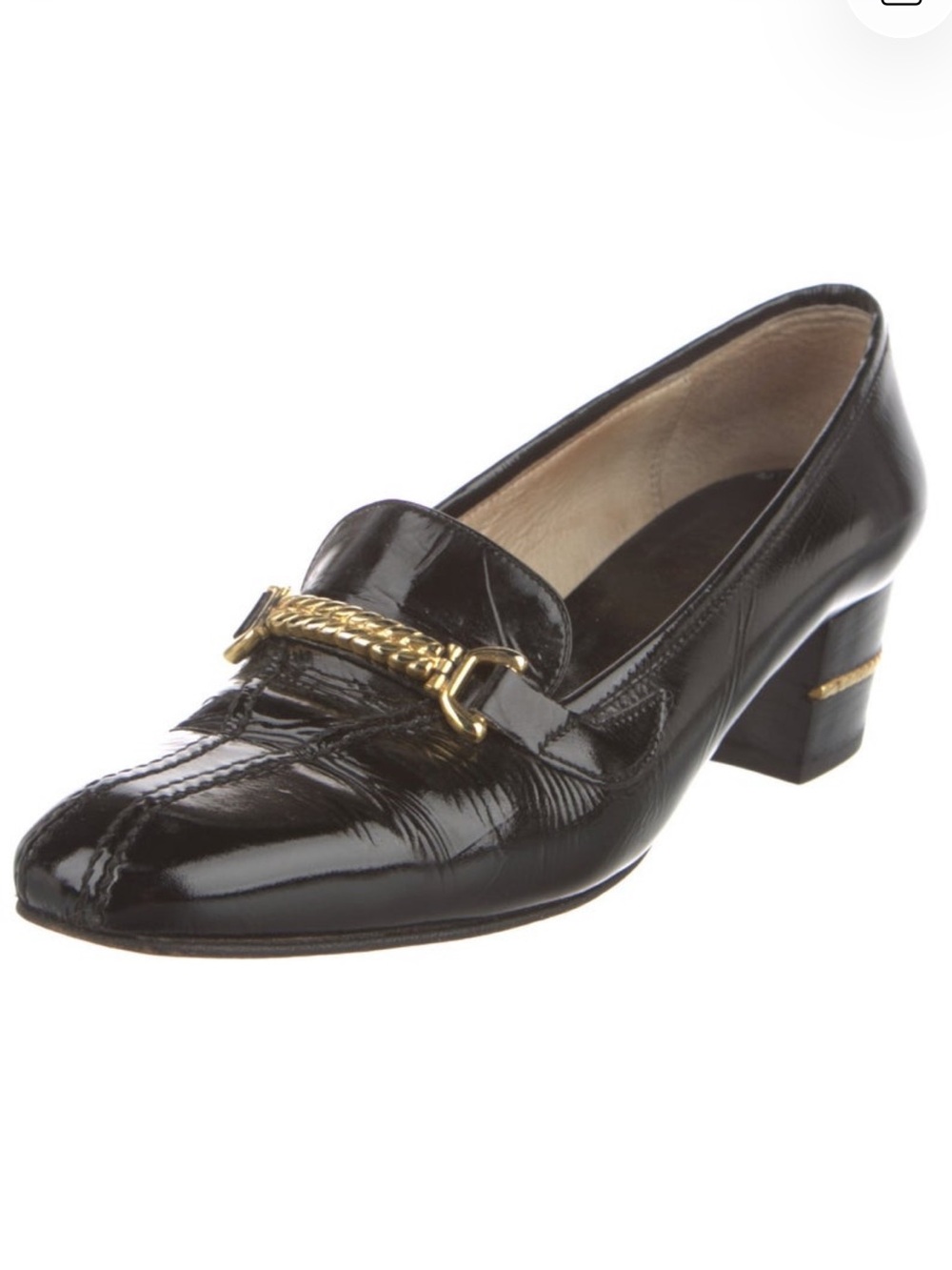 Gucci Black Patent Leather Low Heel Loafer with Gold Accent